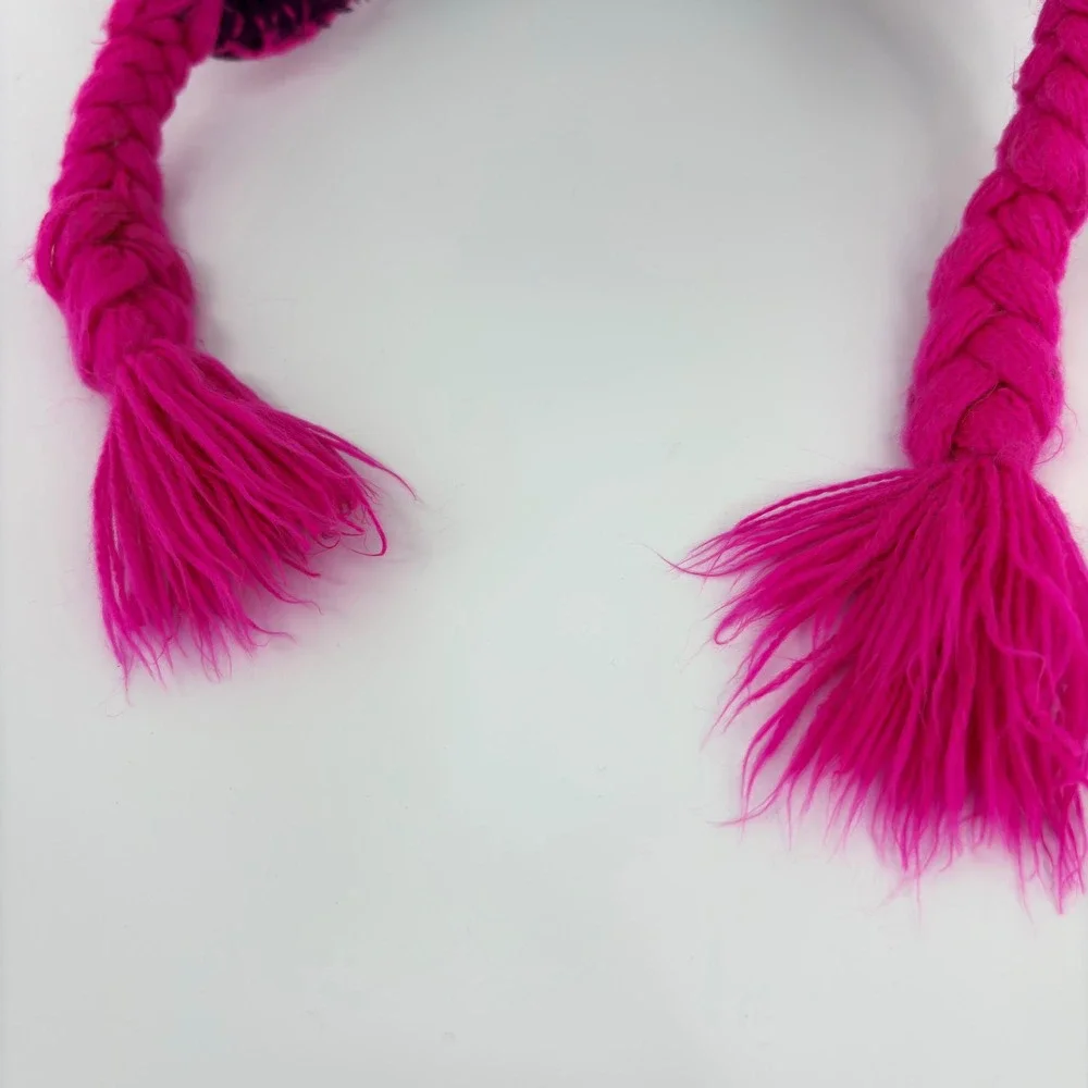 The North Face‎ Girls Knit Earflap Beanie Hat Pink/Burgundy Fleece Lined Pom S/M